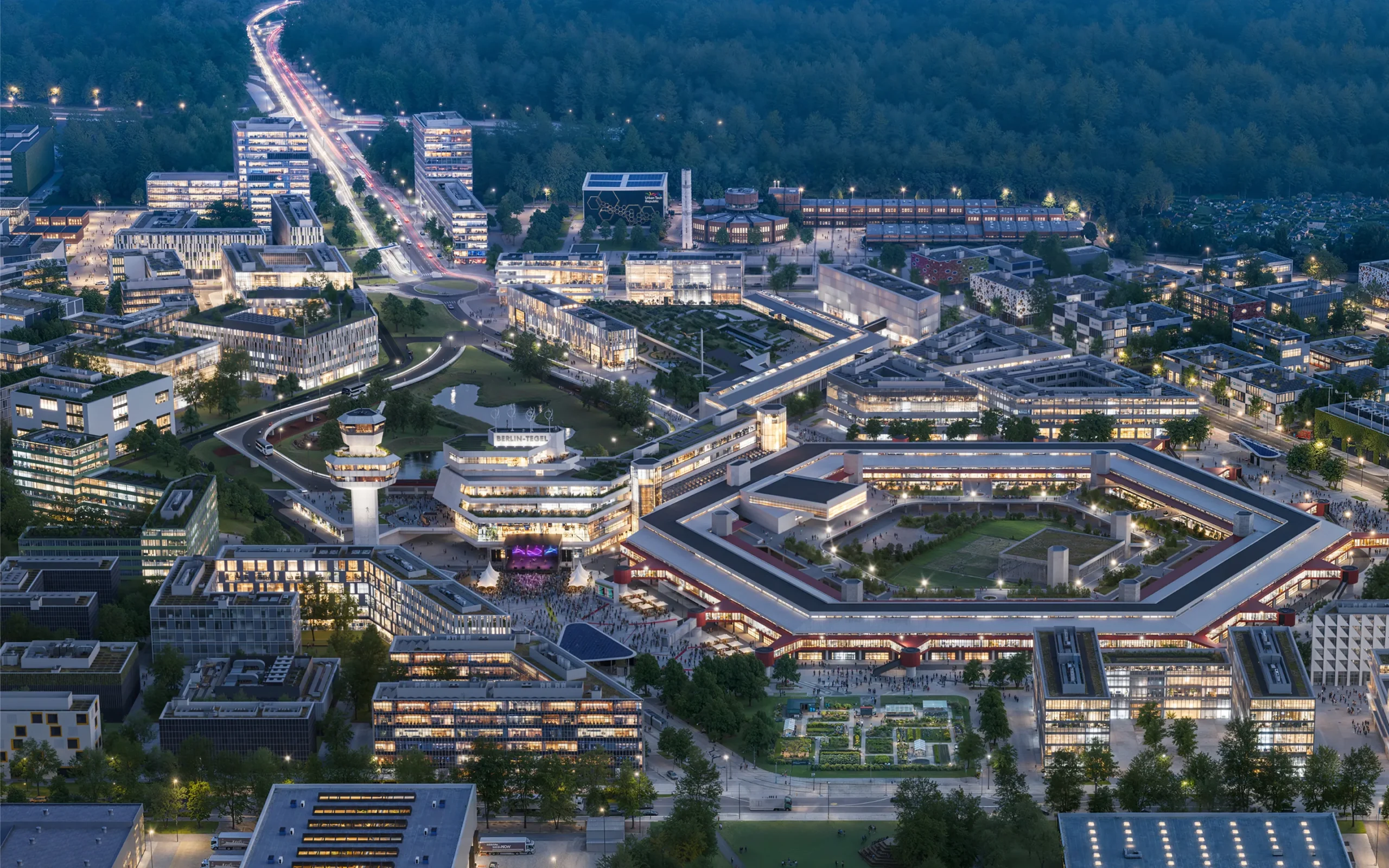 Nachtansicht der Urban Tech Republic in Berlin TXL: Terminal A und angrenzende Gewerbe- und Forschungsgebäude; Visualisierung.