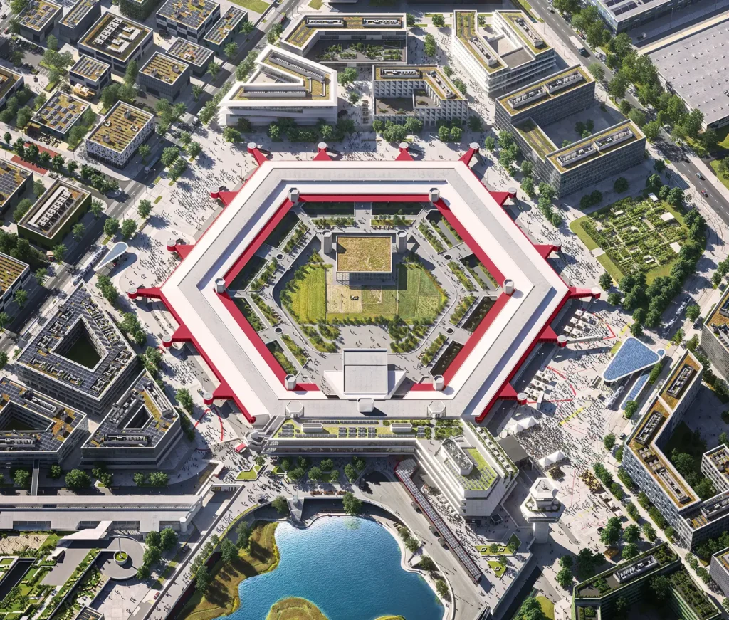 Terminal A in Berlin TXL von oben: Sechseckform des ehemaligen Flughafengebäudes mit Innenhof und umliegender Bebauung; Visualisierung.