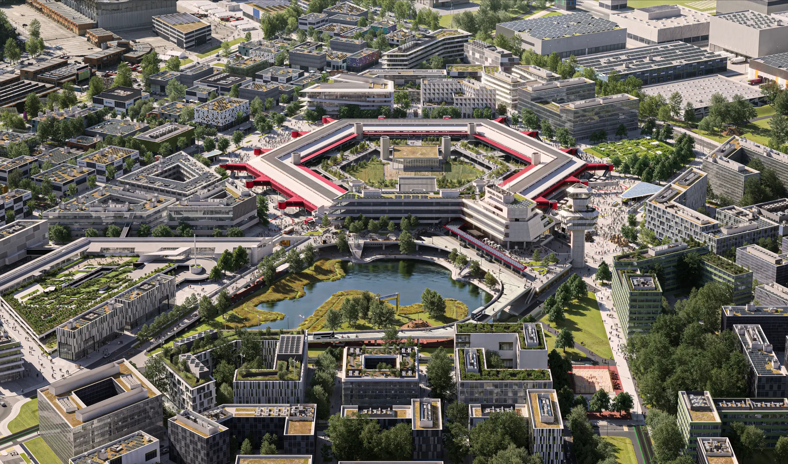 Visualisierung des sechseckigen Terminal A mit begrüntem Innenhof und Tower auf dem ehemaligen Flughafen Tegel.