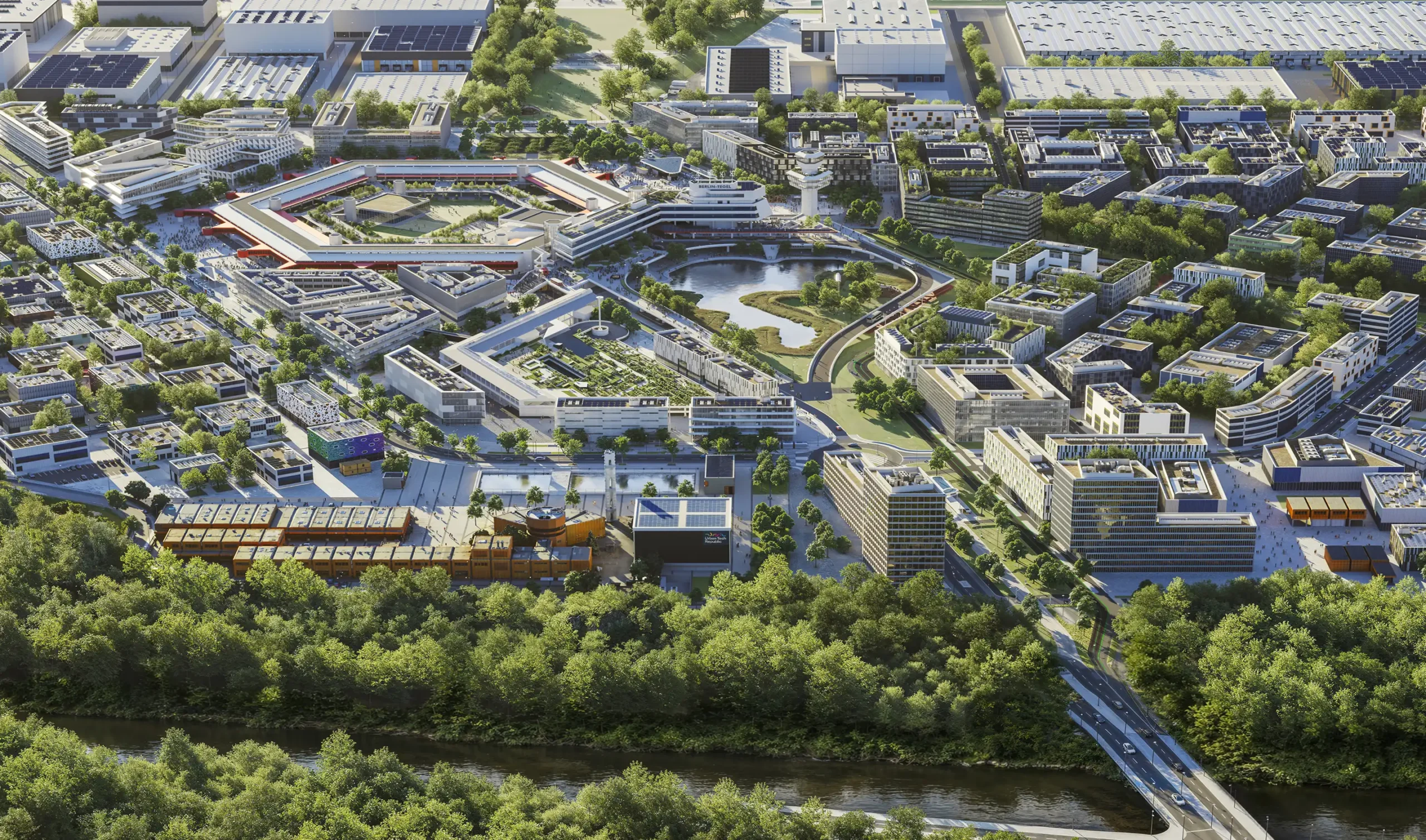 Luftbild der Urban Tech Republic in Berlin TXL von Südwesten, mit Grüngürtel und Wasserlage im Vordergrund; Visualisierung.