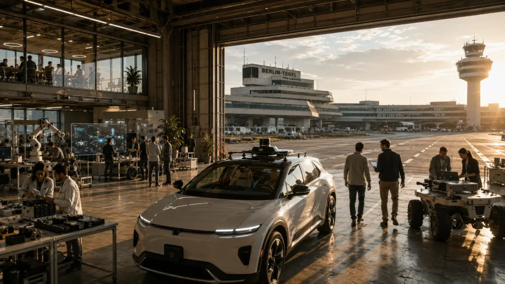 Erprobung autonomen Fahrens in der Urban Tech Republic: Blick aus einer Halle auf das ehemalige Flughafengebäude; Visualisierung.